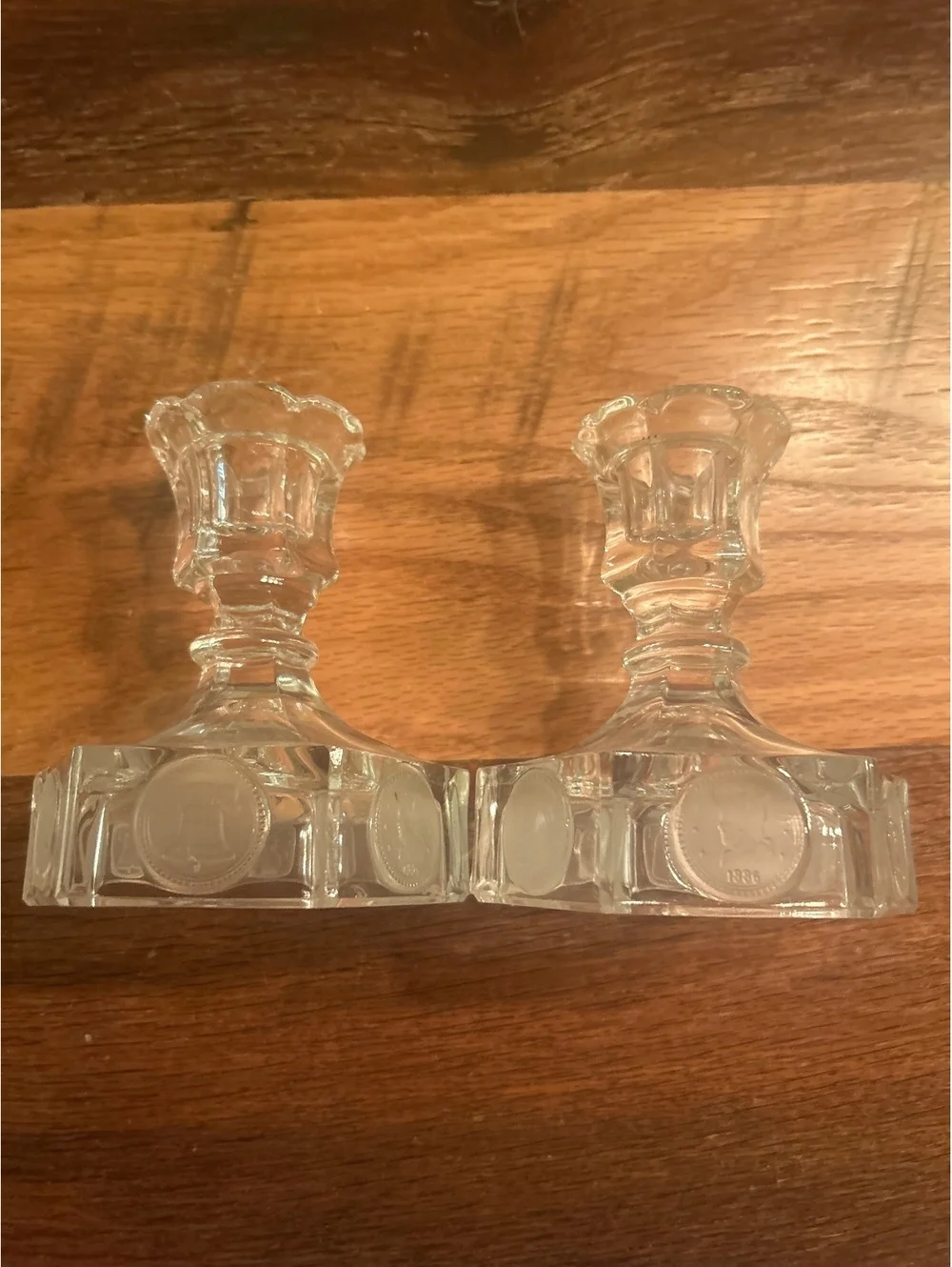 Vintage Fostoria Coin Glass Candlestick Holders )1977 Avon 91st Anniversary